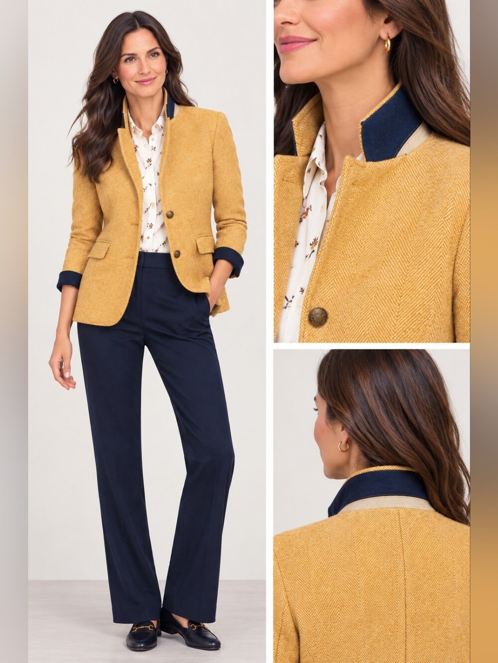Talbots Shetland Wool Herringbone Blazer Color Mustard Size 8P Fully Lined